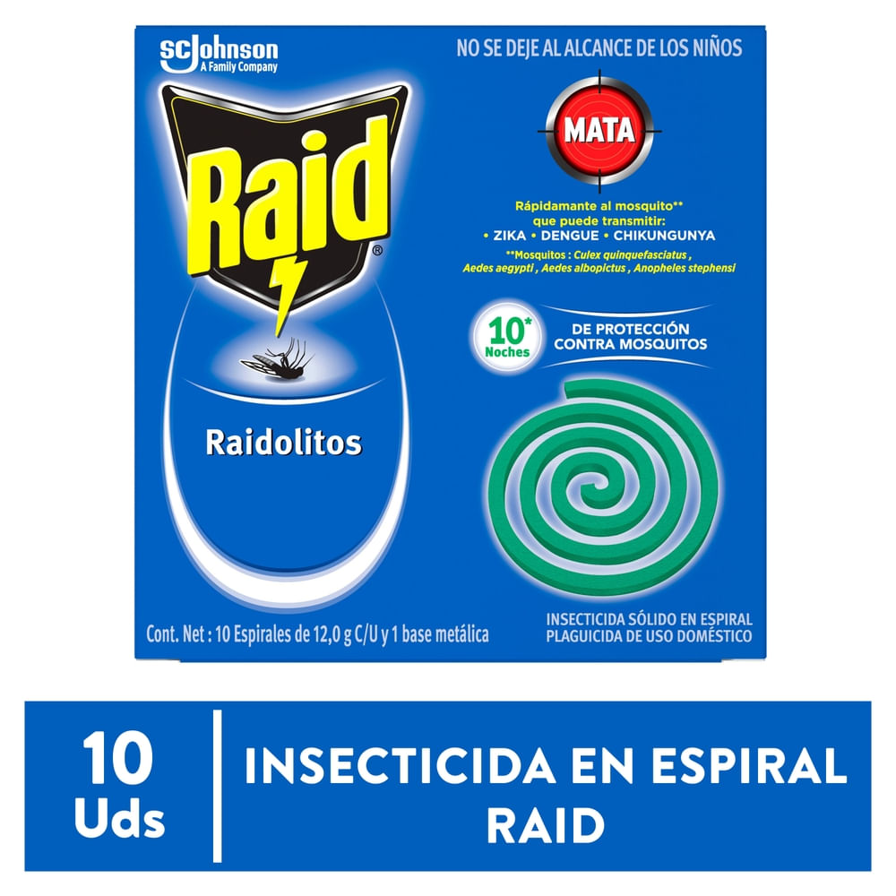Insecticida Sólido en Espiral Verde Raid Raidolitos, 10 piezas de 12g c/u Repelente Raid Raidolitos® Verdes , Protección Contra Mosquitos - 10 Espirales