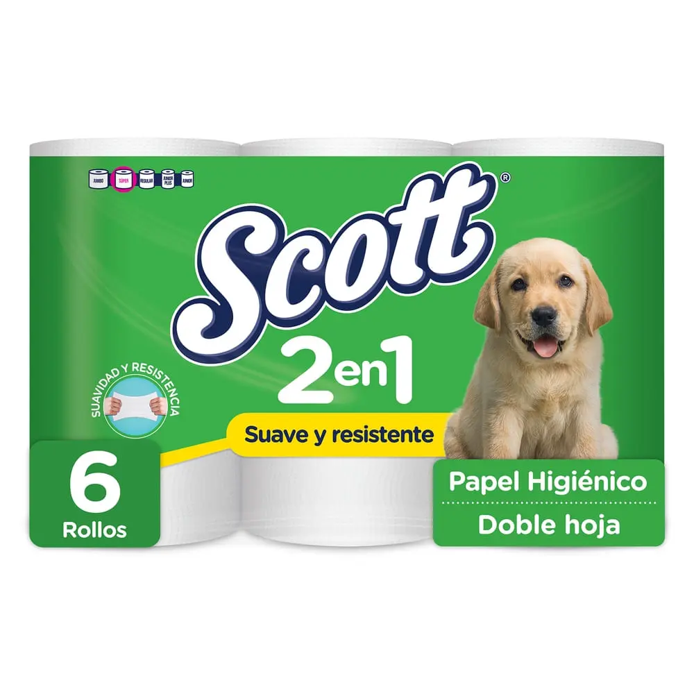 6 rollos papel higiénico scott 2 en 1  