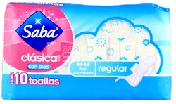 Toalla Sanitaria Saba Clasica Con Alas 10 Unidades Paquete