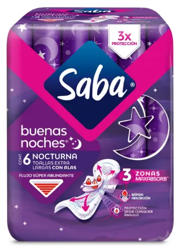 Toalla Sanitaria Saba Buenas Noches Con Alas 6 Unidades Paquete