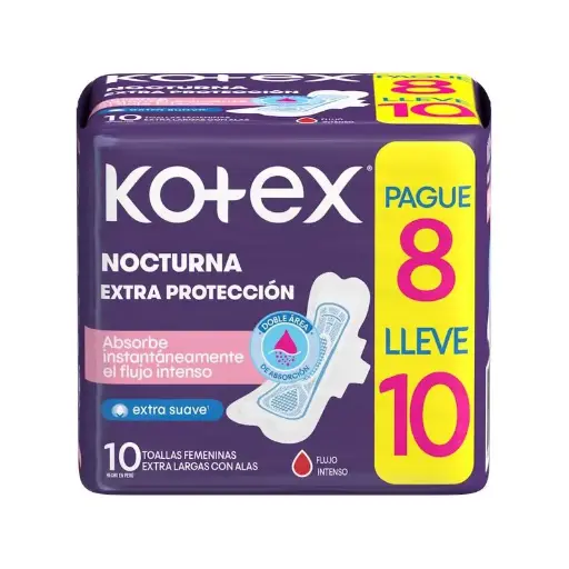 Toallas Femeninas Kotex Nocturna Con Alas 10 Unidades